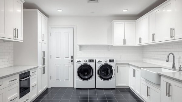 Modern laundry room upgrades with sleek appliances and white decor.