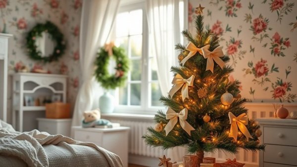 Festive small Christmas tree in cozy children's room, gifts for kids.