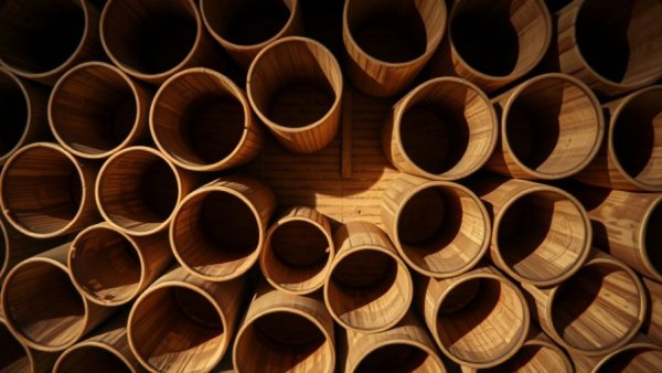 Recycled cardboard tubes used in construction material, shadowed geometric pattern