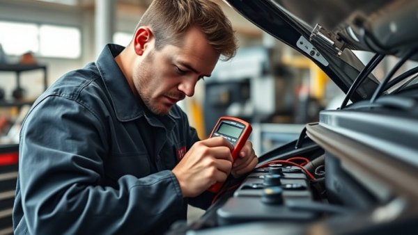 Mechanic testing car battery voltage, impact of extreme temperatures.