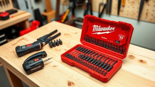 Milwaukee impact driver bit set displayed in workshop.