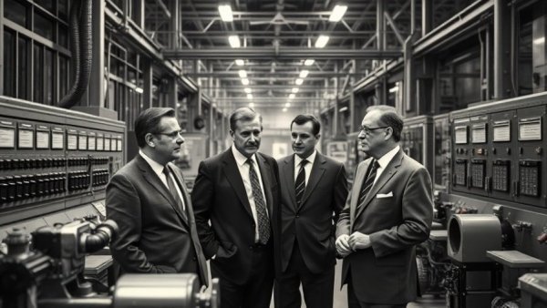 YKK zipper meaning: Executives discussing machinery in factory.