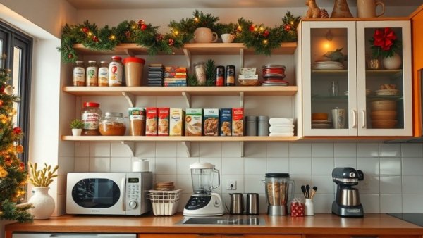 Home organization system with holiday-themed kitchen shelves.