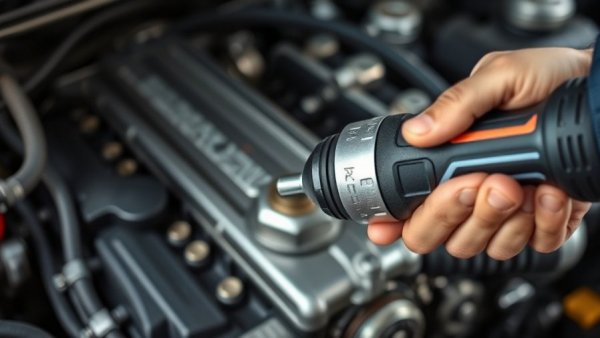 Close-up of an 18V cordless ratchet in use inside car engine.