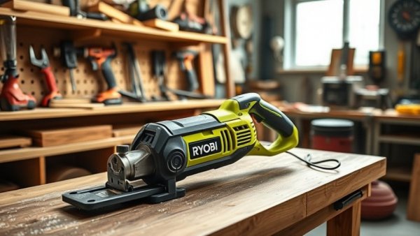 Ryobi PCL510 one-hand reciprocating saw on workbench in workshop.