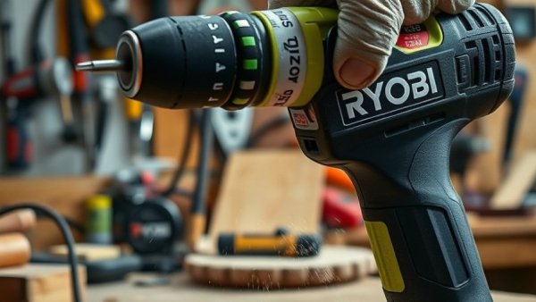 Close-up best Ryobi drill in action in a workshop setting.