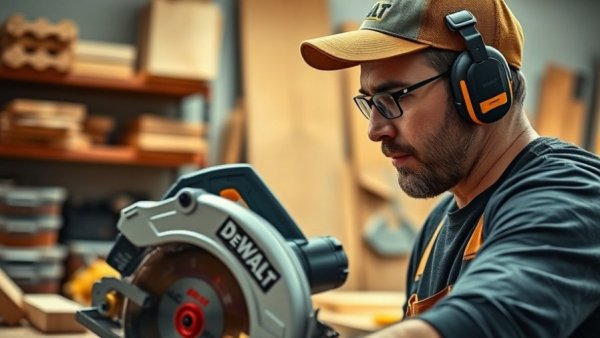 Worker using a saw with DeWalt Open Ear Pro Headphones in a workshop.
