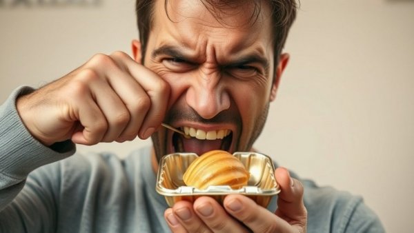 Frustrated man biting clamshell packaging struggle