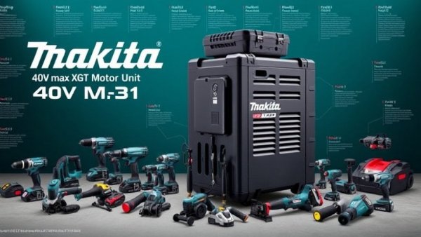 Makita 40V max XGT Motor Unit with power tools on teal background.