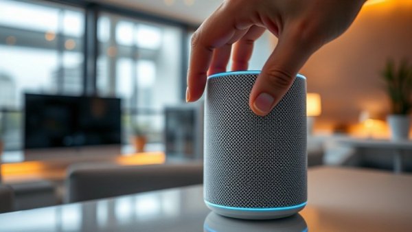Deactivating AI smart speaker in modern setting, warm lighting.