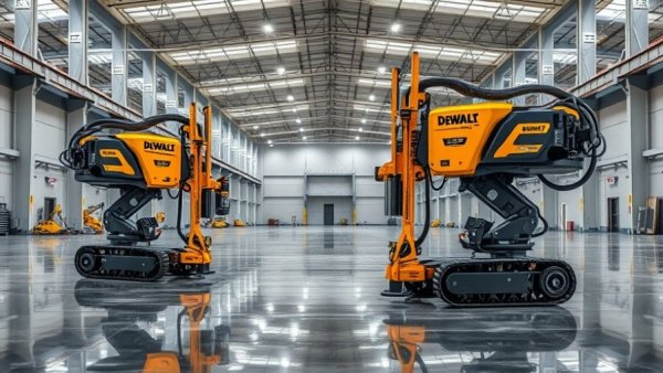 DeWalt concrete drilling robots operating in a warehouse.