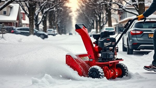 Milwaukee M18 Fuel snow blower clearing snow in suburban street.