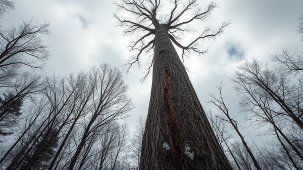 Tall tree with crack in cold forest, highlighting weather impact. Do Trees Explode in the Cold?