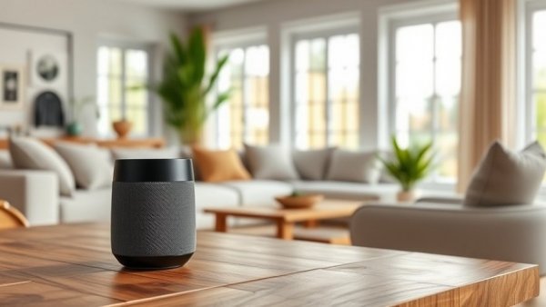 Smart speaker for home security tips in a modern living room.