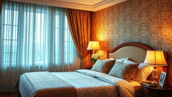 Cozy bedroom scene with thoughtful decor and soft lighting.