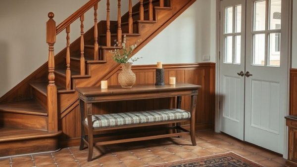 Cozy cottage interior design with warm wooden staircase.