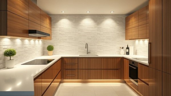 Modern kitchen with popular tile options and wooden cabinets.