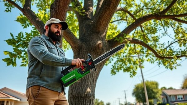 Man using Greenworks Commercial 82V Optimus Pole Saw on tree.