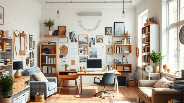 Creative office design inspiration with mood boards and natural light.