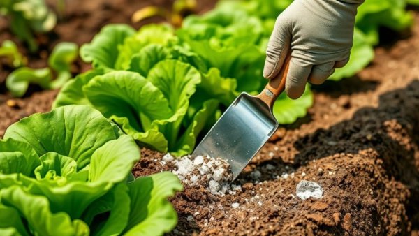 Using fireplace ash in a garden bed with lettuce plants.