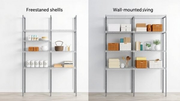 Comparison of freestanding and wall-mounted wire shelving for organizing.