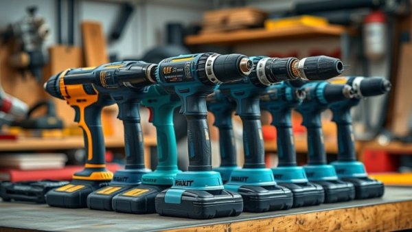 Modern power drills displayed in a workshop - February Tool Innovations for Homeowners.