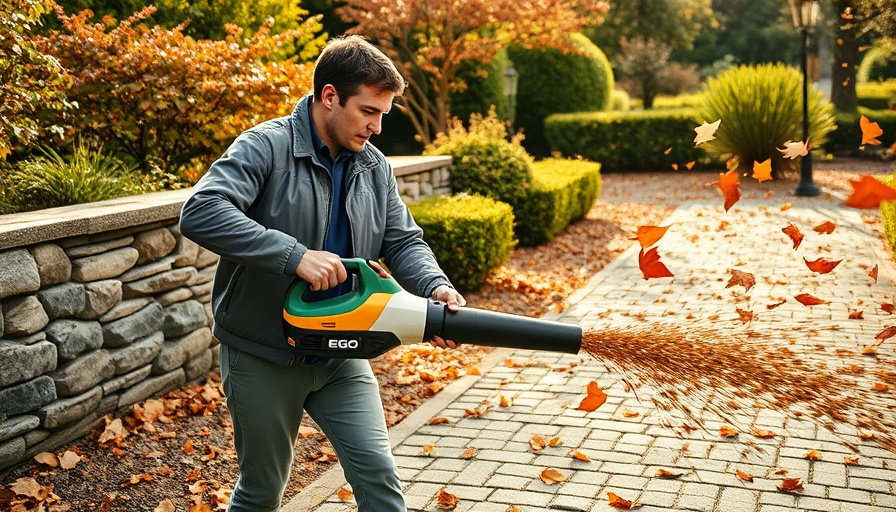 Man using EGO Power+ blower clears leaves from path.