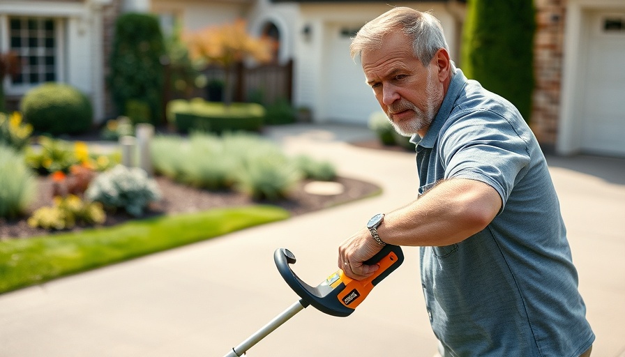 Man trimming with Skil 40V Powerhead String Trimmer in garden on sunny day