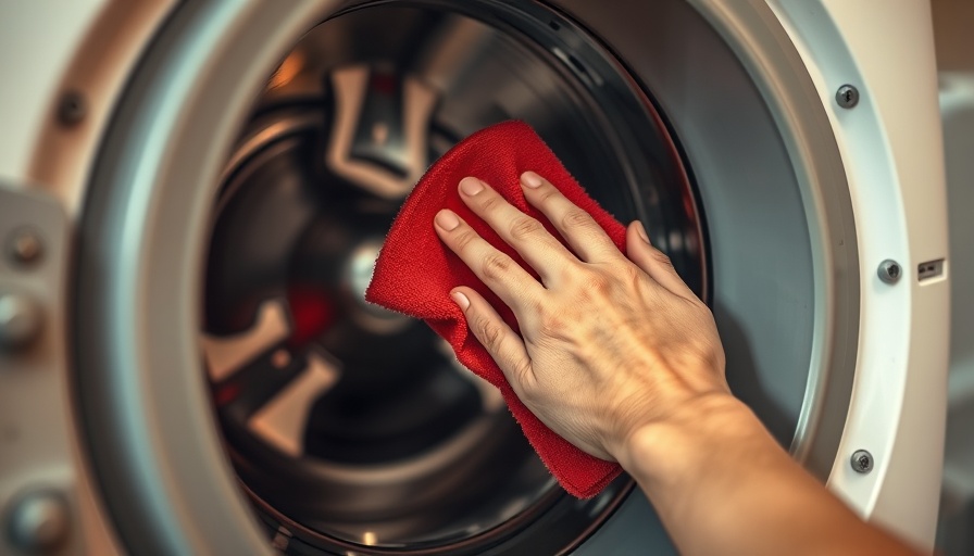 Hand cleaning washing machine with red cloth, appliance maintenance tips.