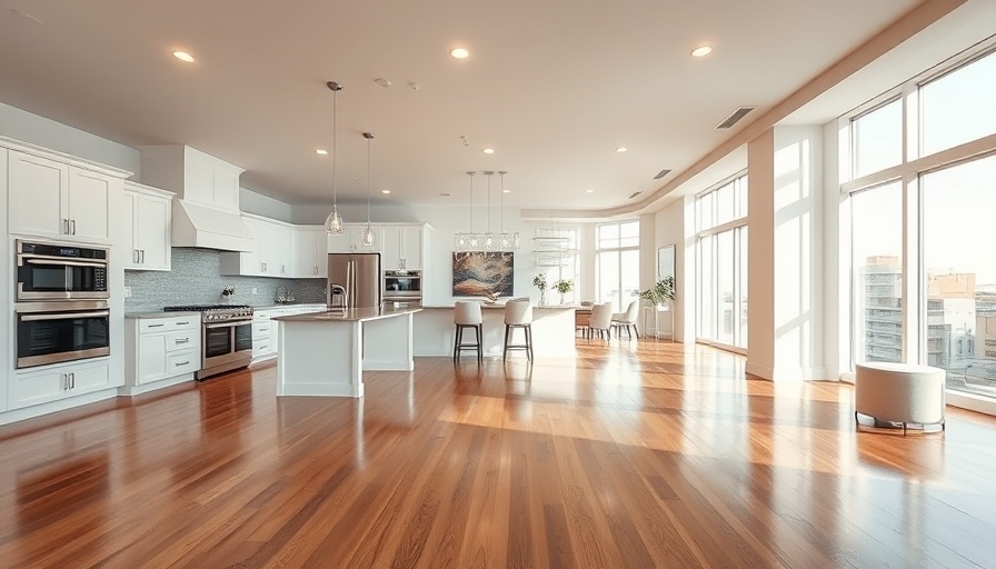 Open floor plan kitchen and living area with hardwood floors, modern design.