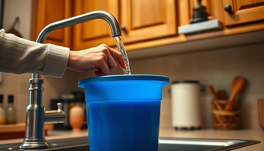 Filling a bucket with water for unclogging a toilet, kitchen setting.