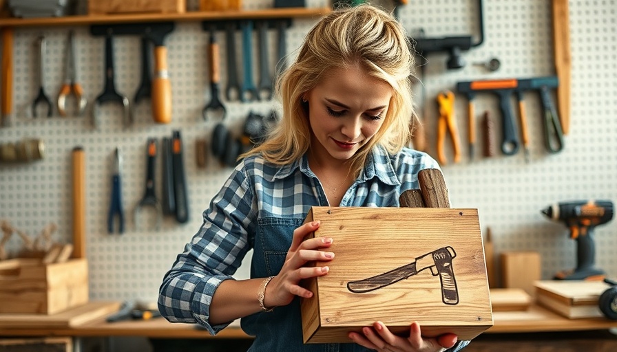 Blonde woman crafting a DIY stenciled tool tote in workshop.