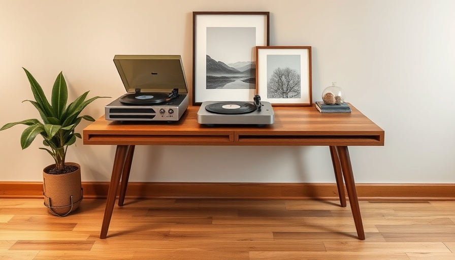 Elegant DIY record player table with decor and framed art.