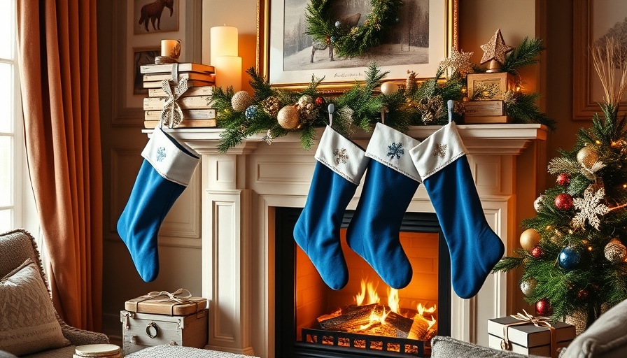 Cozy DIY wooden stocking holders on a fireplace with blue stockings.