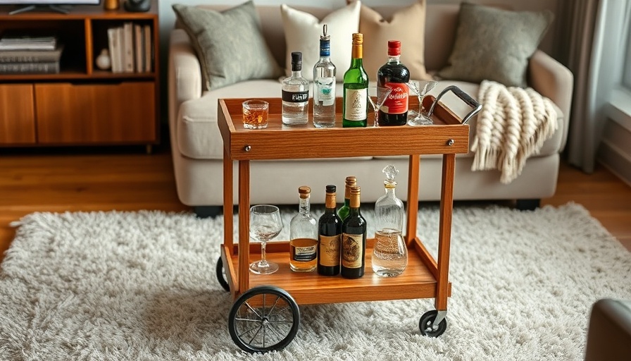 Stylish DIY mini bar cart with bottles and glasses in a living room.