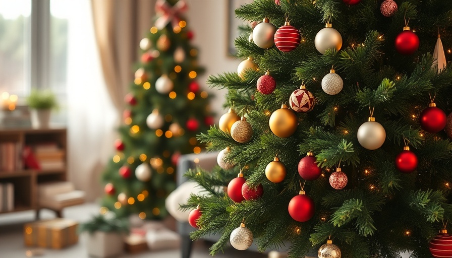 Christmas tree with a DIY wooden collar in a cozy living room.