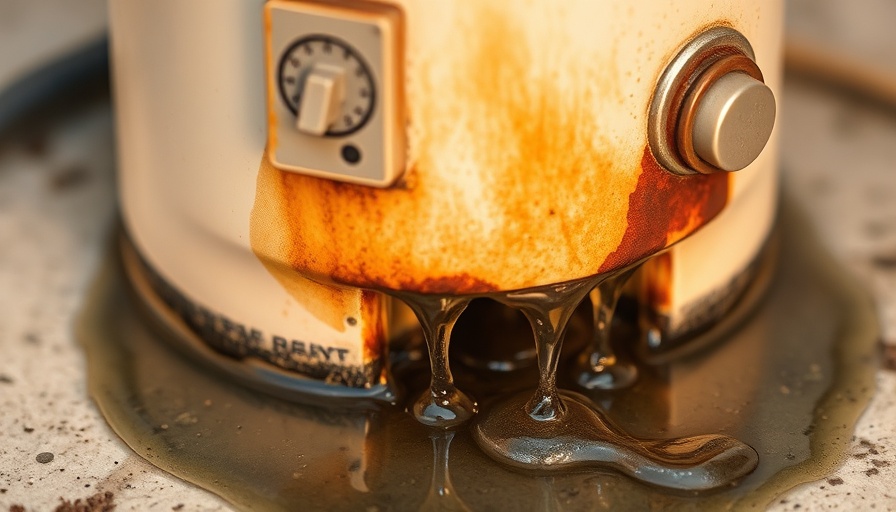 Water heater leaking from bottom, close-up view with drips and rust.