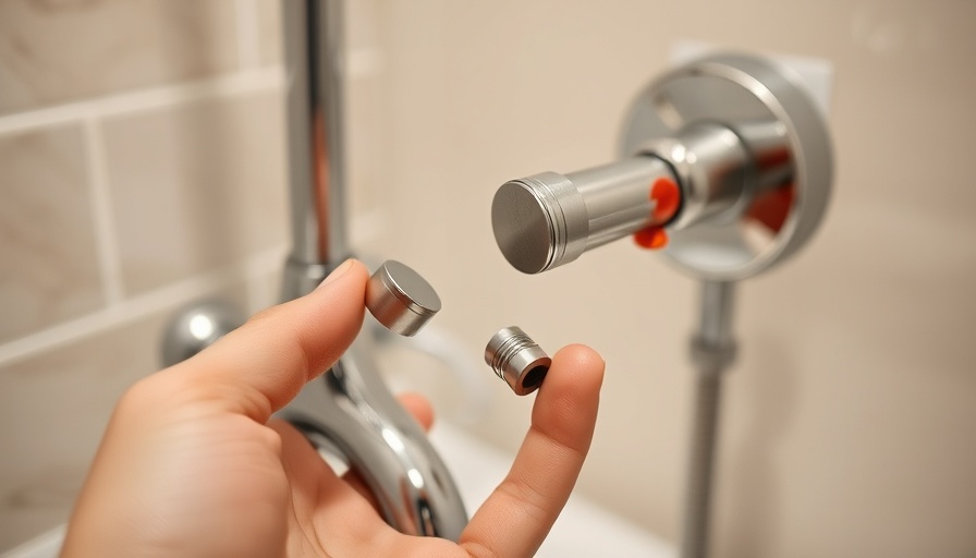 Hand holding shower diverter parts next to a faucet.