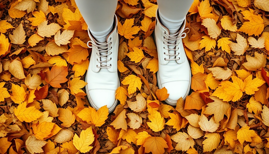 Top-down view of boots on autumn leaves, embodying the theme 'Leaving the leaves'.