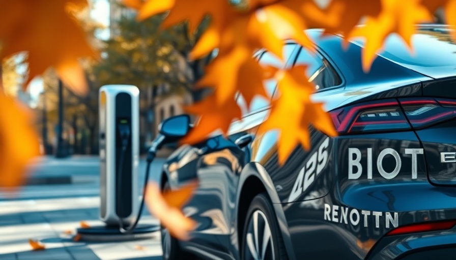 Electric vehicle charging at station with autumn leaves in foreground.