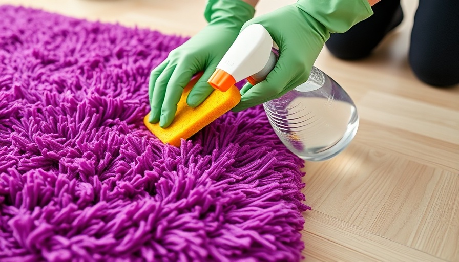 Close-up of cleaning a purple polyester rug with gloves and sponge.