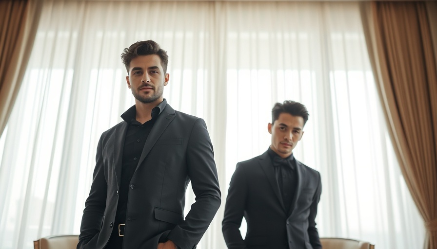 Two men in dark outfits from House of Leon Milan Collection, elegant interior.