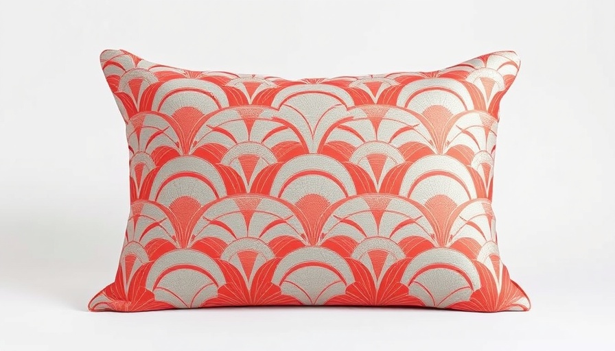 Ornate art deco pillow with a coral and silver pattern on a plain background.