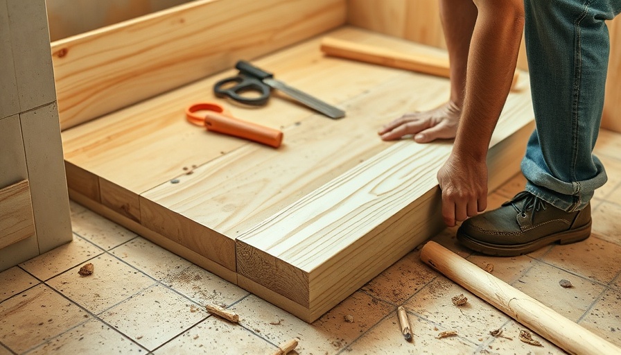 Building a shower curb with wood and tools on floor.