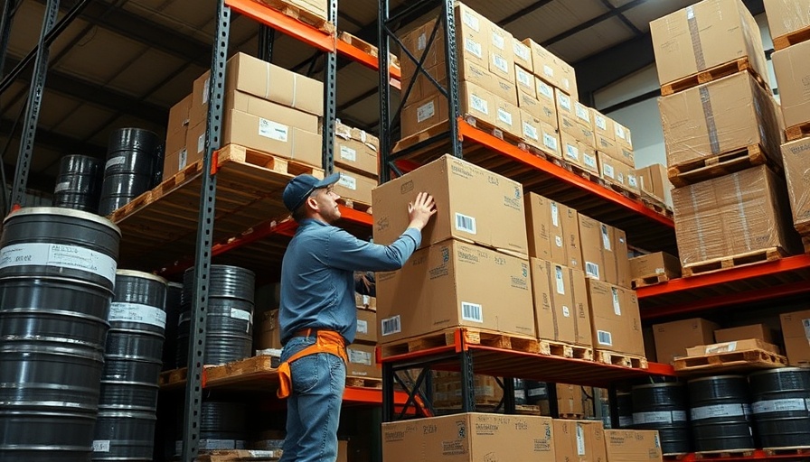 Warehouse with heavy duty metal shelving and a worker organizing boxes.