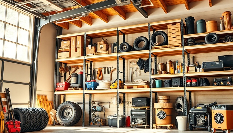 Steel wood storage shelves in a well-lit garage with organized equipment.