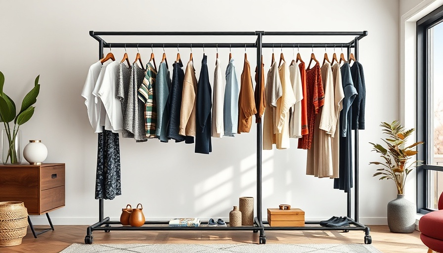 Raybee Industrial Clothing Rack with stylish clothes in a modern room.