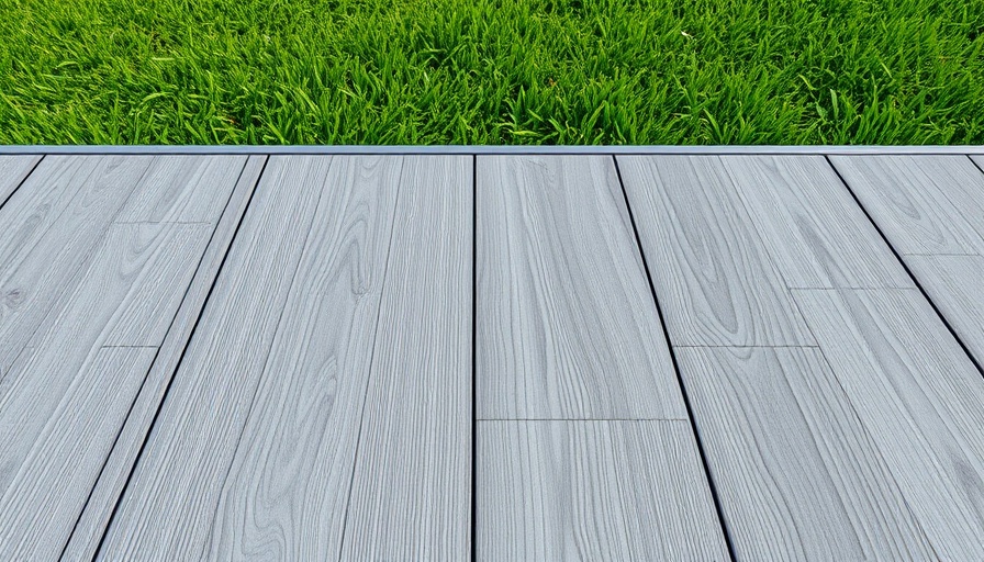 Modern gray composite deck material choice in lush green setting.