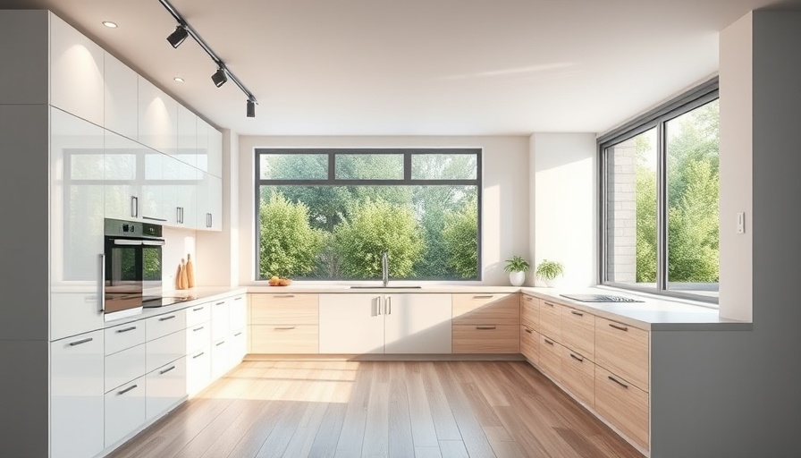 Modern U-shaped kitchen with white cabinets and wooden accents.