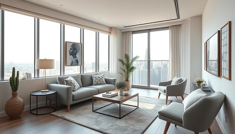 Luxury living room with elegant decor and city view.